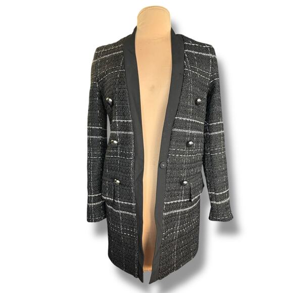 Zara Black Checked Tweed Longline Frock Coat Blazer Jacket Women’s XS Boucle - Picture 2 of 10